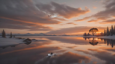 Beautiful landscape of lake with reflection in water at sunset time. generative aiの素材