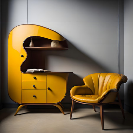 Yellow armchair and chest of drawers with books in the interior. generative aiの素材