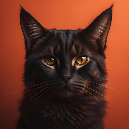 Portrait of a black Maine Coon cat on a orange background. generative aiの素材