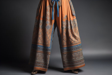 Young woman in traditional thai costume standing on the floor against solid color background. ai generativeの素材