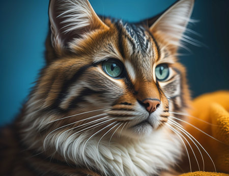 Portrait of a Maine Coon cat on a blue background. generative aiの素材