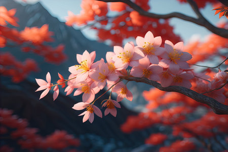 cherry blossom sakura flower on blue sky background, ai generativeの素材