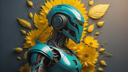 Cyborg with helmet and sunflowers. generative aiの素材