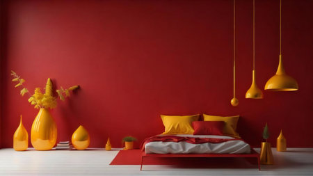 Interior of modern bedroom with red wall, generative aiの素材