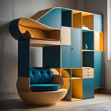 Interior of modern living room with yellow and blue furniture. generative aiの素材