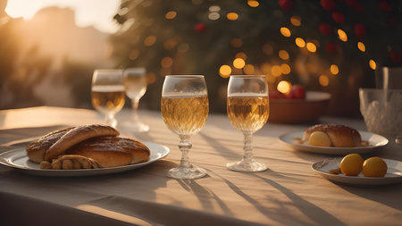 Two glasses of white wine on the table in front of the Christmas tree.の素材