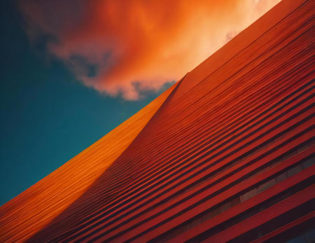 Modern office building with red sky and clouds at sunset. Toned. generative aiの素材