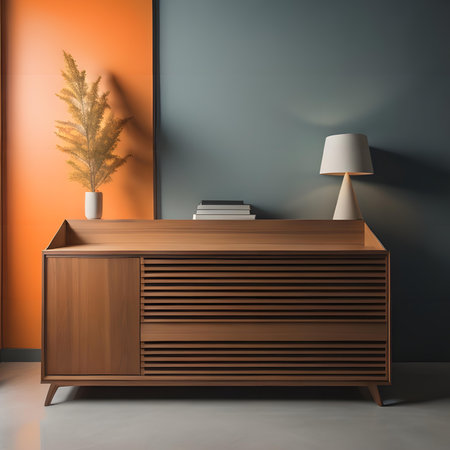 Interior of modern living room with orange and gray walls, concrete floor, wooden chest of drawers and books. generative aiの素材