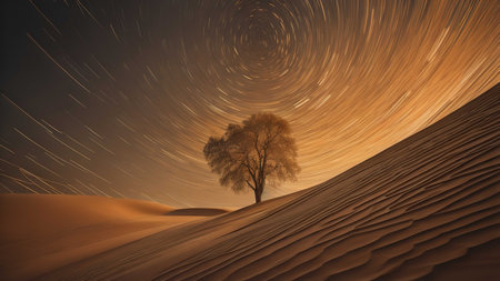 a lonely tree in the desert with star trails. generative aiの素材