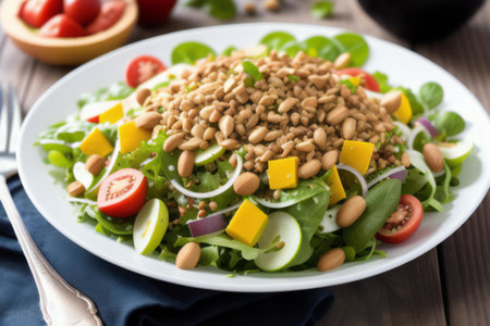 Salad with peanuts, tomatoes, cucumbers and arugula. generative aiの素材