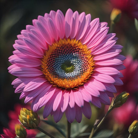 Close up of a pink daisy flower in a garden setting. generative aiの素材