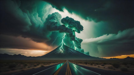 a thunderstorm in the sky over the road. generative aiの素材