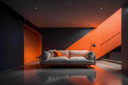 Interior of modern living room with orange and black walls, concrete floor, comfortable sofa and orange lamp. generative aiの素材