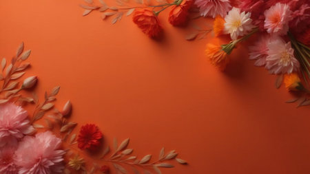 Beautiful flowers on orange background. Flat lay, top view. generative aiの素材