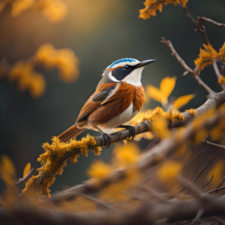 Colorful bird sitting on a branch of a tree in autumn. generative aiの素材
