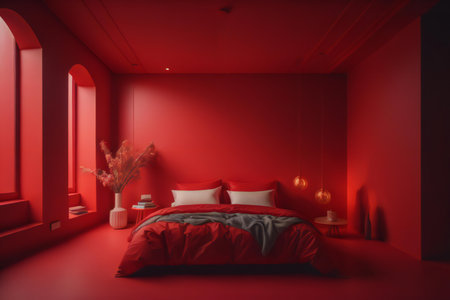 Red bedroom interior with red walls, a comfortable bed with red pillows and a vase with flowers. generative aiの素材