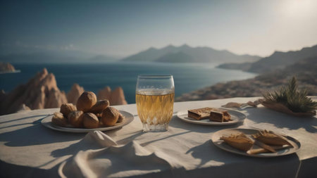 A glass of white wine on the table with a view of the sea. generative aiの素材