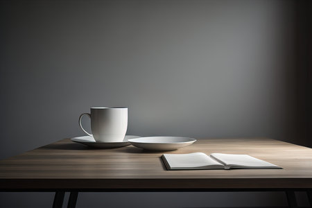 Cup of coffee and notebook on wooden table. generative aiの素材