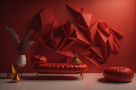 Minimalist living room interior with red sofa, pampas grass, vase and lamp. ai generatedの素材