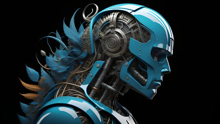 a robot head with metal gears on black background. generative aiの素材