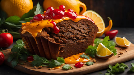 Chocolate bundt cake with orange marmalade on wooden background. generative aiの素材