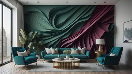 Interior of modern living room with green and blue sofa. generative aiの素材