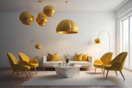 Interior of modern living room with white walls, wooden floor, comfortable yellow armchairs standing near round coffee table with yellow cushions. generative aiの素材