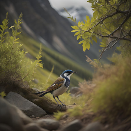 A male silverfinch standing on a rock with a mountain in the background. generative aiの素材
