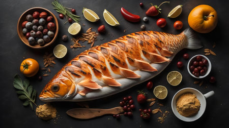 Fresh fish with ingredients for cooking on a dark background, top view. generative aiの素材