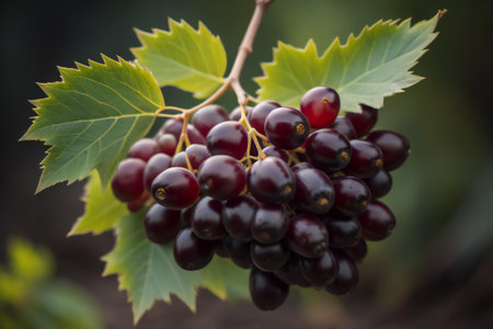 Ripe black currant berries on a branch with green leaves.ai generatedの素材