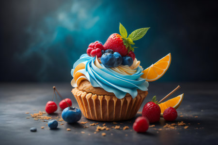 Delicious cupcake with blue cream and fresh berries on dark background. generative aiの素材