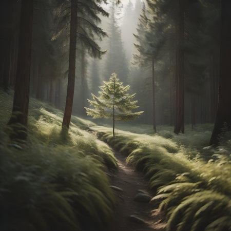 Foggy path in the forest with pine trees and ferns. generative aiの素材