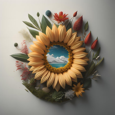 Beautiful sunflower composition in vintage style. Flat lay, top view. generative aiの素材