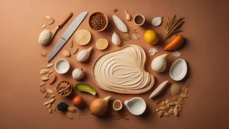 Healthy food ingredients and cooking utensils on brown background. generative aiの素材
