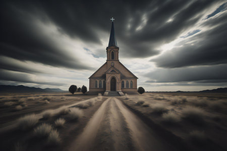 Church in the desert with a dramatic sky. Conceptual image. generative aiの素材