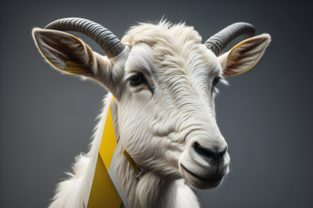 Portrait of a goat with a yellow party hat on a gray background. generative aiの素材