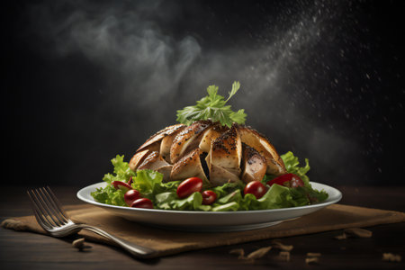 Grilled chicken with lettuce and cherry tomatoes on a wooden table. generative aiの素材