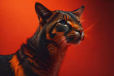 Portrait of a beautiful bengal cat on a red background. generative aiの素材