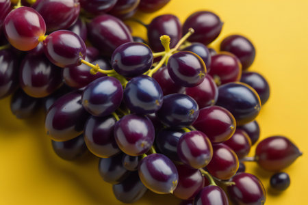Bunch of red grapes on a yellow background, close-up. ai generatedの素材