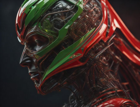 Cyborg head with red and green helmet. generative aiの素材