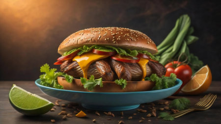 Delicious hamburger with beef, cheese and vegetables on wooden table. generative aiの素材