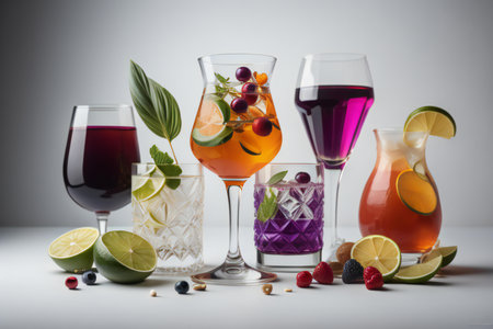 Variety of alcoholic cocktails in glasses with fruits and berries on white background. ai generatedの素材