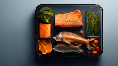 Salmon, salmon and vegetables in plastic box on blue background. generative aiの素材