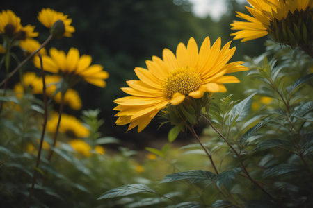 Yellow flowers in the garden. Selective focus and shallow depth of field. generative aiの素材