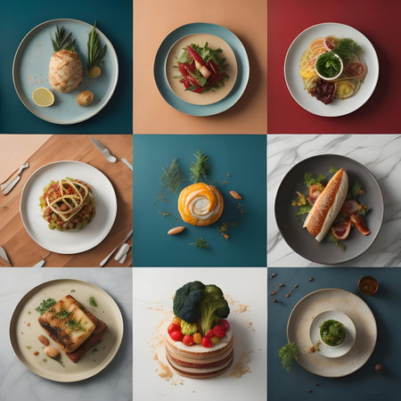 Collage of different types of food on color background, top view. generative aiの素材