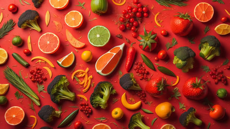Flat lay composition with fresh fruits and vegetables on color background, top view. generative aiの素材