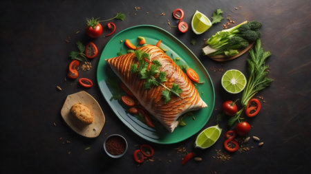 Salmon fillet with vegetables on a dark background, top view. generative aiの素材