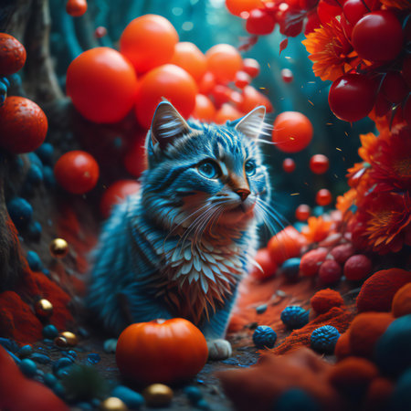 Cute tabby cat on the background of autumn leaves and berries. generative aiの素材