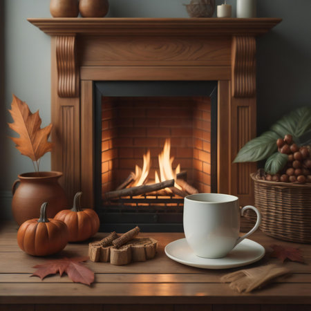 Autumn still life with a cup of coffee on a wooden table in front of a fireplace. generative aiの素材