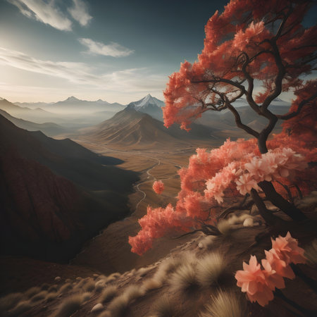 Mountain landscape with a tree and a lake. ai generatedの素材